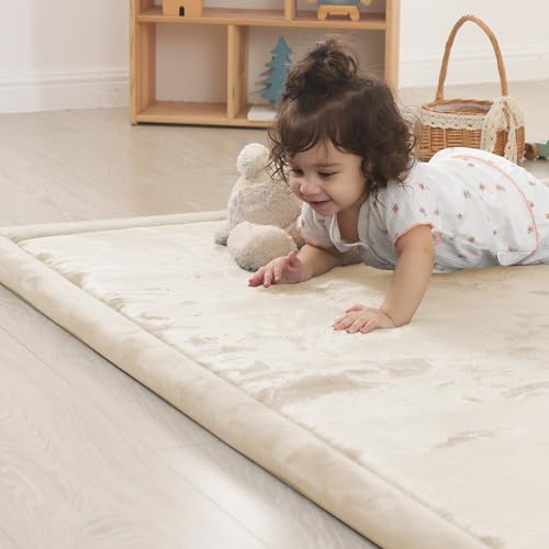 Image of 1.5 inch Thick Padded Baby Play Mat for Floor Tummy Time, Pro Soft Foam Activity Playroom Playmats, Easy Care with Non-Slip Safe for Infant Toddlers Crawling 79 inchx 79 inch (Beige)