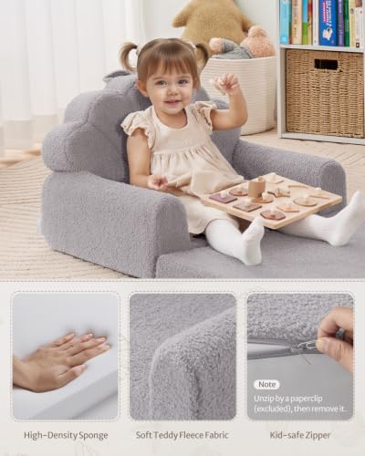 Image of Blissful Diary Foldable Kids Couch, 2-in-1 Kids Sofa Chair, Gray Shell | 50.8 inch Fold-Out Play Area, Supportive Foam, Washable Cover, Carry Handle, Pre-Assembled, Kid-Safe Zipper