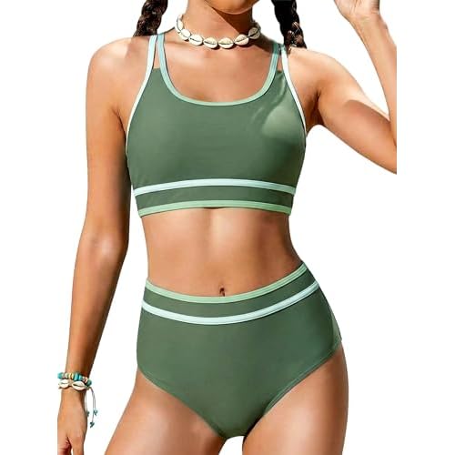 HOZIY Tween Girls Bikini Sets Sporty Color Block Two Piece Adjustable Straps Swimsuits with Chest Pad Size 10-18 Years Dark-green 15-16 Years