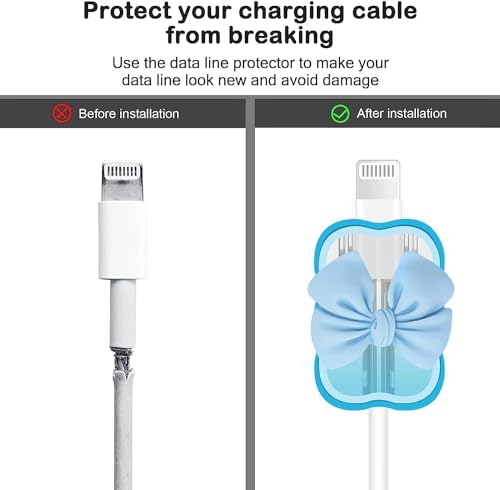 Image of INEFABLE Charger Case Cover Protector with 3D Cute Pattern for iPhone Charger only 18W & 20W, Data Charging Cable Wire Saver Protective Cable Cover Full Protection - Set Of 1 (Blue Bow)