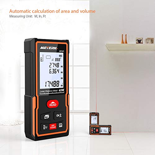 Laser Measure, Meterk 131 Ft M/In/Ft Mute Laser Distance Meter with Electronic Bubble Level, LCD Backlight Display and Measure Distance, Area and Volume, Pythagorean Mode - Battery Included