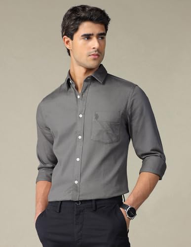 Image of U.S. Polo ASSN. Solid Tailored Fit Cotton Shirts for Men - 100% Cotton, Full Sleeve Mens Casual Shirts