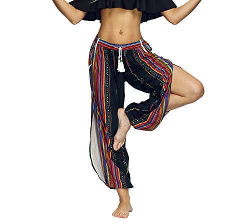 Plustrong Womenâ€™s Bohomian Print Split Leg Boho Harem Yoga Hippie Pants(Rainbow Stripe 002,L)
