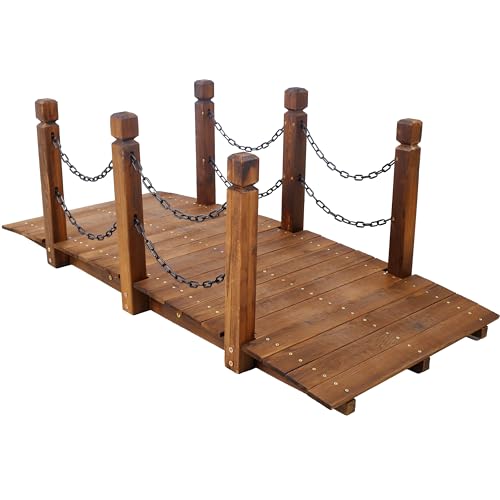 Rpuzonier 5 ft Garden Bridge for Outdoors, Wooden Bridge Pathway with Chain Railings Decorative Pond Landscaping for Backyard Creek Farm