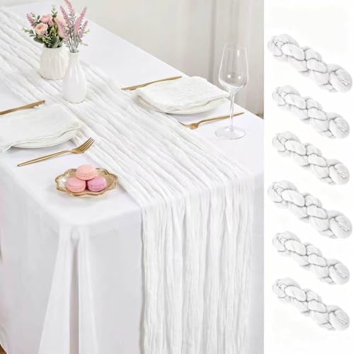 GRYSERIN 6 Pack White Cheesecloth Table Runner 17x108 Inch Boho Rustic Semi Sheer Gauze Cheese Cloth Table Runner for Wedding Bridal Shower Baby Shower Party Farmhouse Dining Table Decor