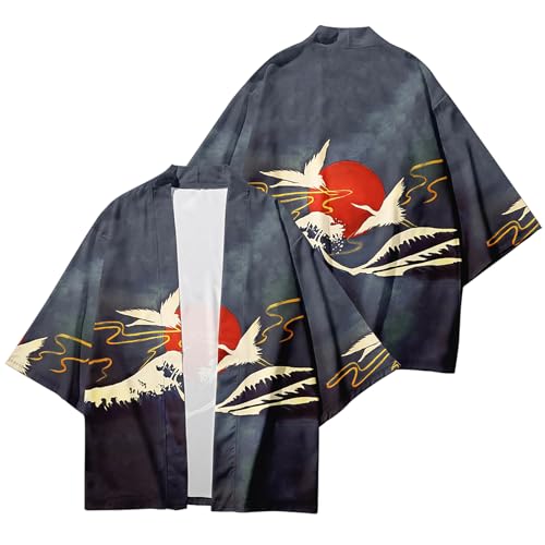 Image of DOSLAVIDA Men's Japanese Kimono Jacket Set Stylish Open Front Coat With Shorts Chinese Style Printed Cardigan Suit
