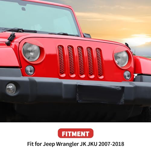 Image of Mesh Grille Grill Insert+ Headlight Turn Light Cover Trim Fit for 2007-2018 Jeep Wrangler JK JKU Style A(Red)