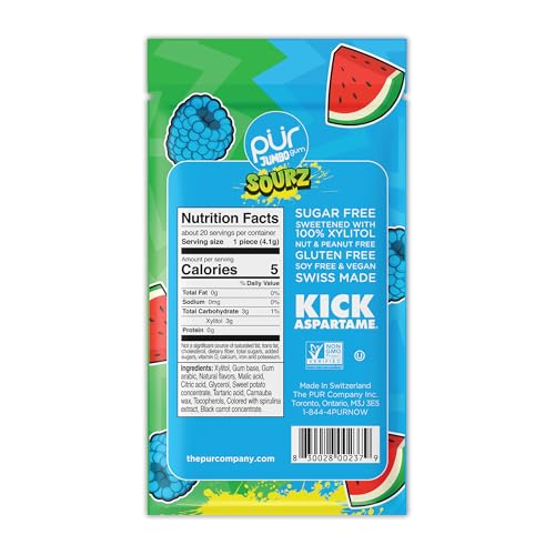 Image of PUR Jumbo Gum Sour Blue Raspberry, Watermelon Xylitol Gum 200 Count (10x20)