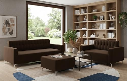 Image of SOCOZI Antonia 3+2 Seater Fabric Sofa Set with Ottoman | Soft Velvet Suede Upholstery | Modern Living Room Furniture (Dark Brown)