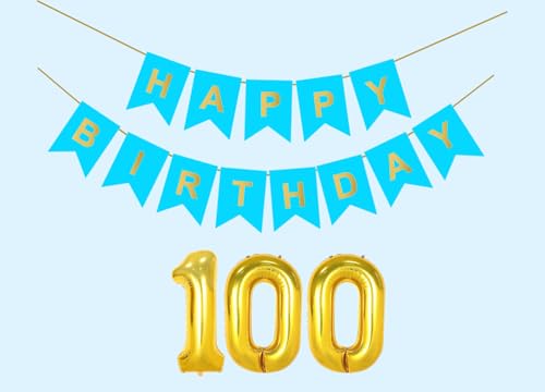 Image of 100th Sky Blue Happy Birthday Decoration Kit for 100 year Old Men Women with Number One-Hundred Party Decorations Decor Celebration Items Item Set Combo Reusable Paper Banner