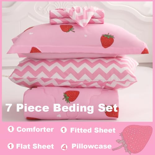Gusuhome Strawberry Comforter Bedding Set Twin Size for Girls 7 Piece Pink Kawaii Comforter Set Bed in A Bag for Kids Teens All Season (1 Comforter,1 Flat Sheet,1 Fitted Sheet and 4 Pillow Sham) by Gusuhome - Image 2