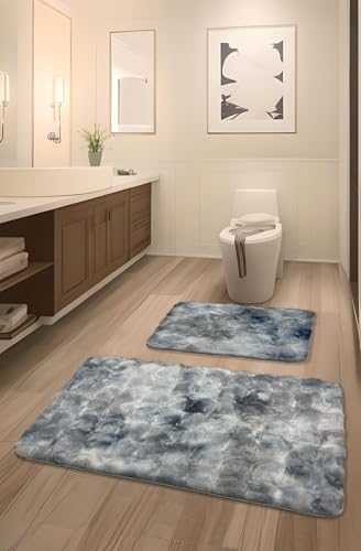 Bubble Tavşan Tüyü, Kaymaz Taban, Pofuduk, Ultra Lüks, Yıkanabilir 2'li Banyo Matı (Eskitme Mavi)