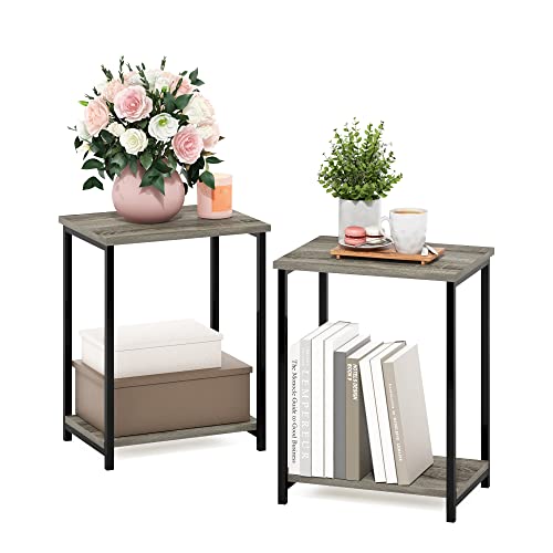Image of Furinno Simplistic 2-Tier Metal Frame Side Table, Set of 2, French Oak