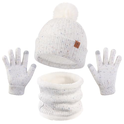 Tour de cou chaud enfant et bonnet fille avec gants tactiles tricotés d'hiver