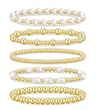 iF YOU Gold Beaded Bracelets for Women, 14K Gold Plated Pearl Bead Bracelets Stack, Trendy Stackable Stretch Ball Bracelet Set Jewelry (5 PCS Gold pearl)