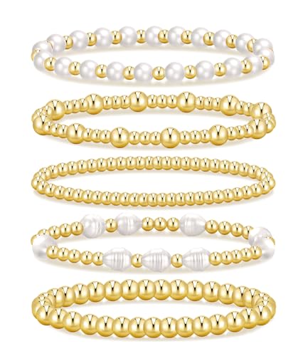 iF YOU Gold Beaded Bracelets for Women, 14K Gold Plated Pearl Bead Bracelets Stack, Trendy Stackable Stretch Ball Bracelet Set Jewelry (5 PCS Gold pearl)