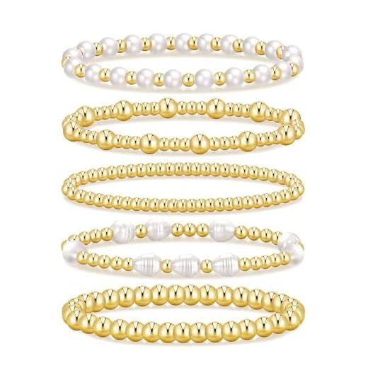 iF YOU Gold Beaded Bracelets for Women, 14K Gold Plated Pearl Bead Bracelets Stack, Trendy Stackable Stretch Ball Bracelet Set Jewelry (5 PCS Gold pearl)