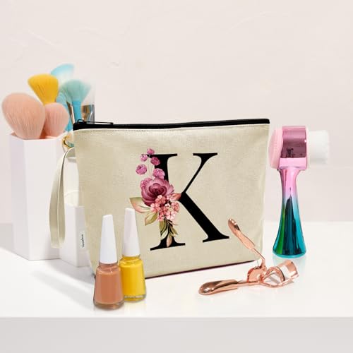 Image of Vavabox A-Z Personalized Makeup Bag, Birthday Gifts for Women Mom, Gifts for Best Friend, Bride Bridesmaid Cosmetic bag (K, Cream Yellow)
