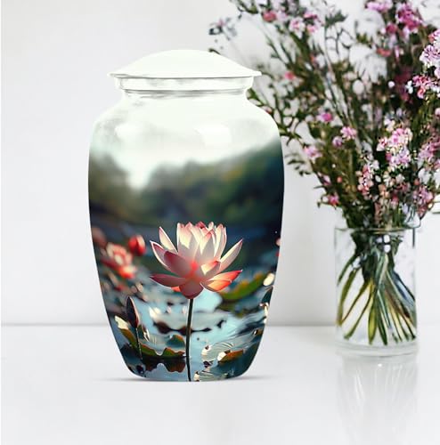 Image of Personalized Lotus - Memorial Urns For Mom & Dad - Decorative Urns For Ashes - 10 Inch - Large With Velvet Bag - Human Remains Urn - Cremation Urn For Ashes - Burial Urns - Large Funeral Urn