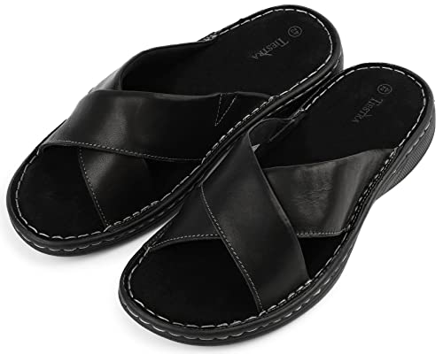 Image of TIESTRA Mens Napa Leather Slides Sandals Soft Cushion Dress Sandals with Memory Foam Footbed Comfortable & Lightweight Summer Beach Indoor & Outdoor Slip On Casual Footwear Black EU42 US9