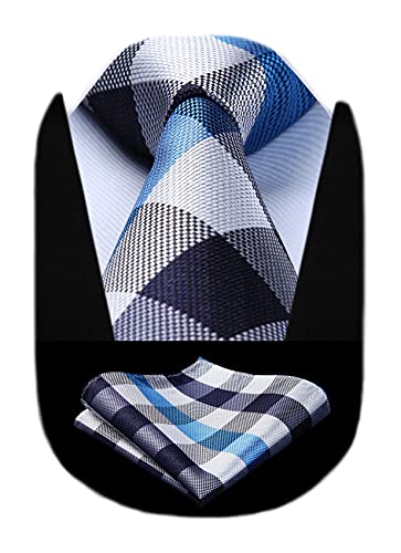 Image of HISDERN Ties for Men Formal Business Plaid Checked Mens Ties and Pocket Square Set Classic Wedding Necktie Handkerchief