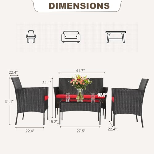 Image of FDW 4-Piece Patio Furniture Set | Red | Outdoor Wicker Furniture