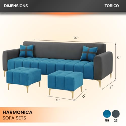Image of Melody 3 Seater Modular L Shape Sofa Set with 2 Ottoman| Soft Velvet Upholstery, Sturdy Wooden Frame | Modern Sofa for Living Room, Hall & Office Spaces (Dark Grey-Teal Blue)