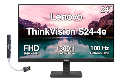 Image of Lenovo ThinkVision S24-4e 24 inch FHD IPS Monitor with 4ms Response Time, 100 Hz Refresh Rate, Anti-Glare, Flicker Free, VESA Mount (100mm), HDMI & Dockztorm USB Port Expander, Black (64B5KAT1UZ)