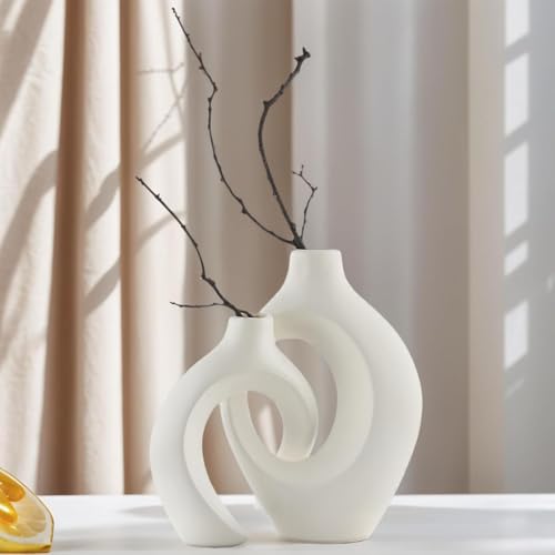 Image of PUREZENTO Abstract White Ceramic Donut Vase 8.4 & 6.8 Inch - Set of 2 | Decorative Hollow Donut Vase for Dried Flowers & Pampas Grass | Vases for Modern Home Decor, Living Room, Office Decor Ideas