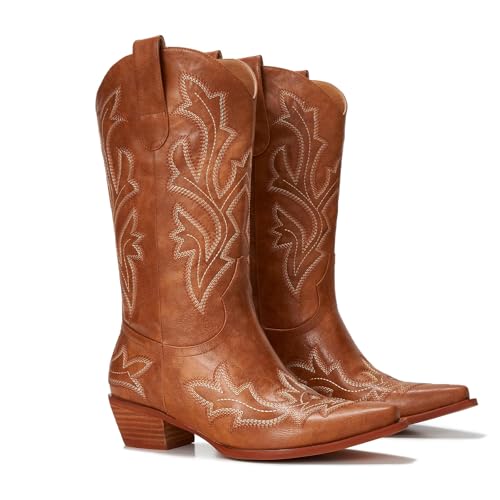 Orlynx brown Cowboy Boots for Women - Embroidered Western Cowgirl Boots with Fashion Snip Toe, 1.75-Inch Low Block Heel and All-Day Comfort Fit, size 7