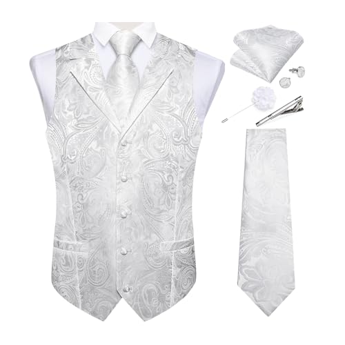 DiBanGu Mens Vest Notch Lapel Paisley Suit Waistcoat,White,Large