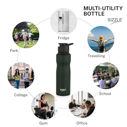 Image of Sizzle Orbit 750 ml Stainless Steel Water Bottle - Leakproof & Lightweight Fridge Bottle - for Gym, Office, School & Home - BPA Free, Easy to Clean (Dark Green)