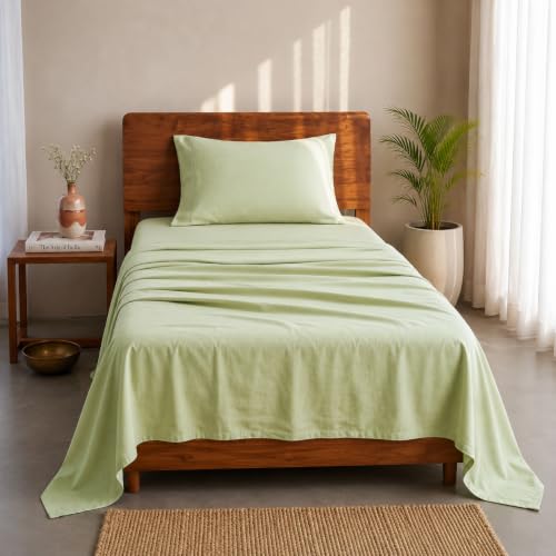 Image of LANE LINEN 100% Organic Cotton Bedsheet for Single Bed - Sea Foam | GOTS Certified, Percale Weave, 60x90 inches, Soft & Breathable, Machine Washable, Includes 1 Pillow Cover