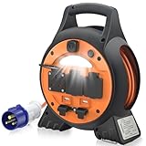 15M Camping Electric Hook Up Cable with LED Light and 2 USB Ports & 3 UK Sockets, Extension Cable Reel IP44 Rated, 10A Circuit Breaker – Ideal for Camping, Caravans, Motorhomes & Construction Sites