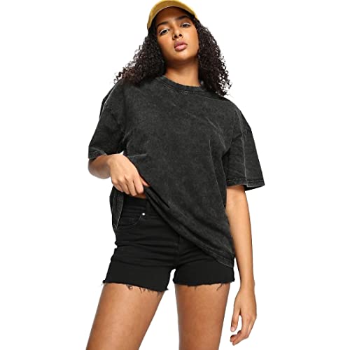 Image of Bewakoof Women's Acid Wash 100% Cotton T-Shirt- Loose Fit, Round Neck, Half Sleeves