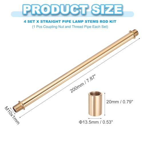 Image of PATIKIL Straight Pipe Lamp Stems Rod Kit, 4 Set M10 Carbon Steel 200mm(7.87 inch) Long Double End Thread Rod with Coupling Nuts Sleeve Connector for Table Lamps Chandeliers,Gold