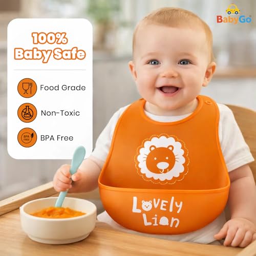Image of BabyGo Silicone Baby Bib for Feeding & Weaning Infants & Toddlers |Waterproof, Washable & Reusable | Adjustable, Lightweight & Foldable Bib with Food Catcher Pocket |Light Orange (Pack of 1)