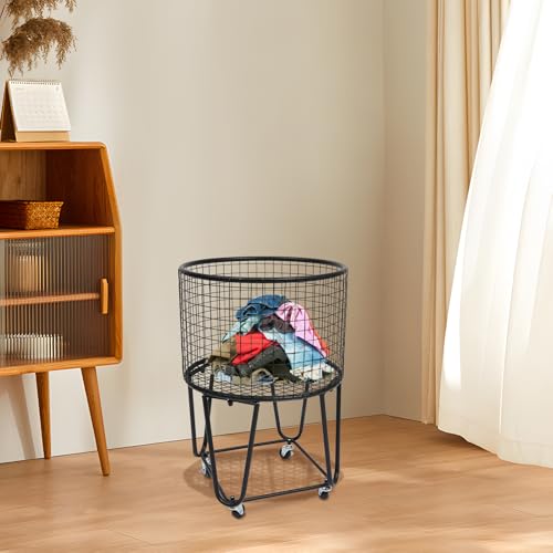 Image of Wire Metal Deep Set Rolling Laundry Basket,Wire Laundry Basket With Wheels