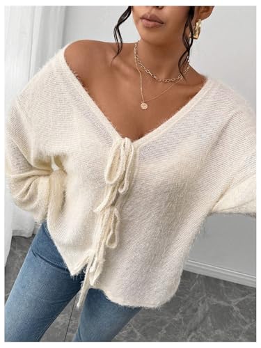 Women's Plus Size Bow Tie Front Cardigan Deep V Neck Long Sleeve Fuzzy Sweater3
