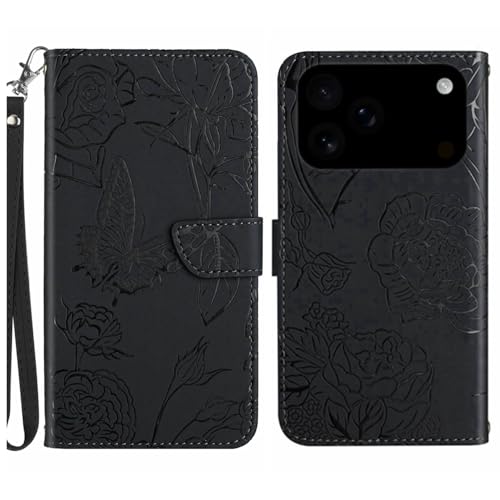 Étui iPhone 15 noir portefeuille cuir avec rabat magnétique et sangle pratique