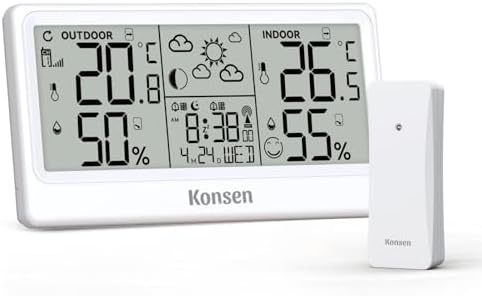 Konsen Funk-Wetterstation mit Außensensor – DCF Funkuhr, Digitales Thermo-Hygrometer (Batteriebetrieb) für Innen/Außen mit Wetterprognose, in Weiß