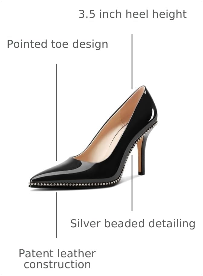 Image of TNYNFBEB Womens Stiletto Mid Heel Pointed Toe Pumps Slip-on Sliver Beaded Prom Wedding Dress Basic Classic Patent Leather 3.5 Inches Heels