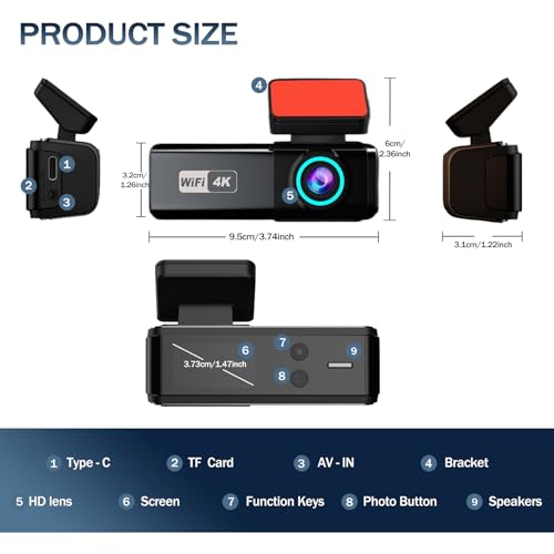 Image of 4K Dash Cam, Front and Rear Dual Dash Camera for Cars with 64GB Card, 5.8GHz WiFi, 360 Swivel Rear Camera, App Control, WDR, G-Sensor, Night Vision, Loop Recording, Parking Mode