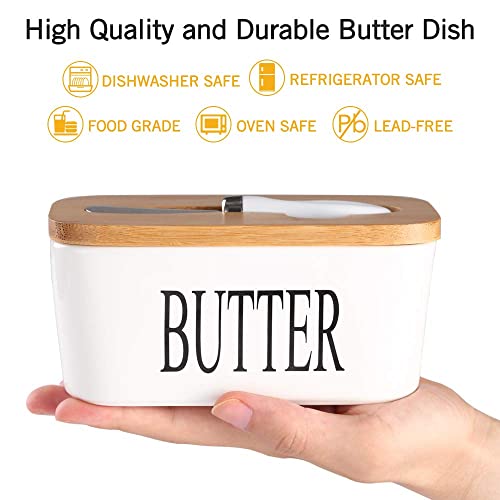 Image of Ceramic Butter Dish with Wooden Lid and Stainless Steel Knife, Large Butter Container Keeper with Bamboo Cover and Silicone Sealing Ring for West and East Coast Butter (White)