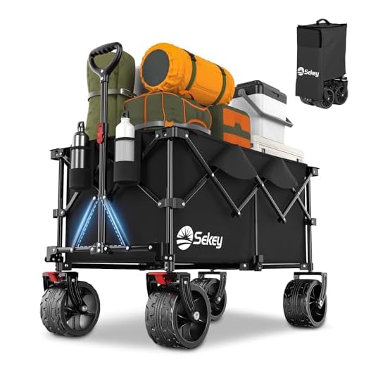 Sekey 220L Collapsible Foldable Wagon with 330lbs Weight Capacity, Heavy Duty Folding Utility Garden Cart with Big All-Terrain Beach Wheels & Drink Holders. Black