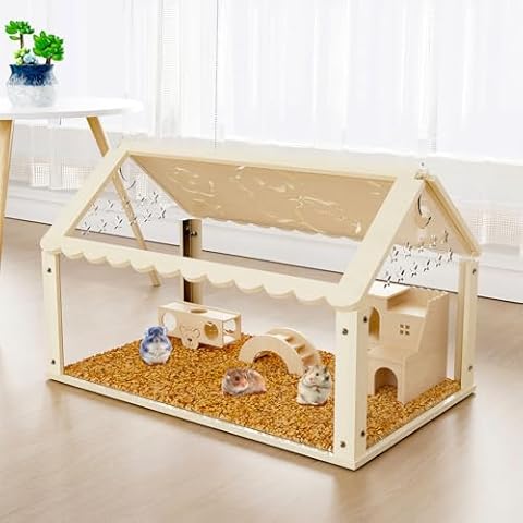 Hamster cage Wooden with Acrylic, Dwarf Hamster cage, Small Animal Habitat with Openable Top, Mouse cage for Guinea Pigs, Chinchillas, Gerbil, Syrian Hamster (24inch) Cover