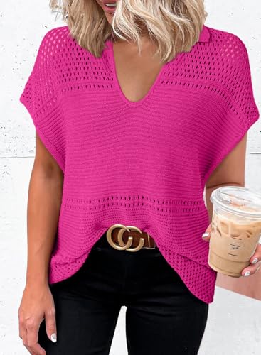 Image of Dokotoo Womens Tops 2026 Summer Spring Casual V Neck Short Sleeve Sweater Crochet Tops Casual Dressy Blouses