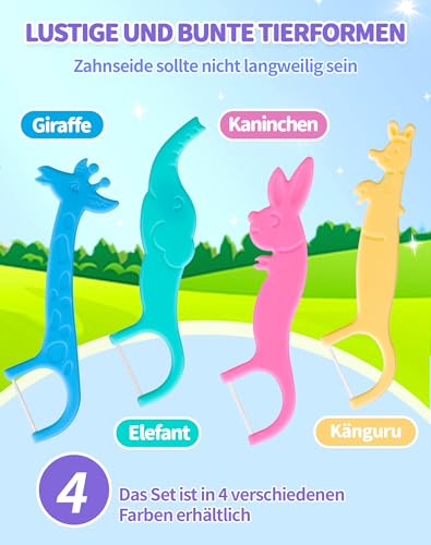 NETONDA Zahnseide Kinder 160 Stück Zahnseide Sticks Kinder Dental Floss mit Kindergerechtem Griff Flossers Kids mit 4 Bunte Griffe in Tierformen - Wachsfrei, Fluorfrei, Bunte Farben (4x40 Stk) – Bild 3