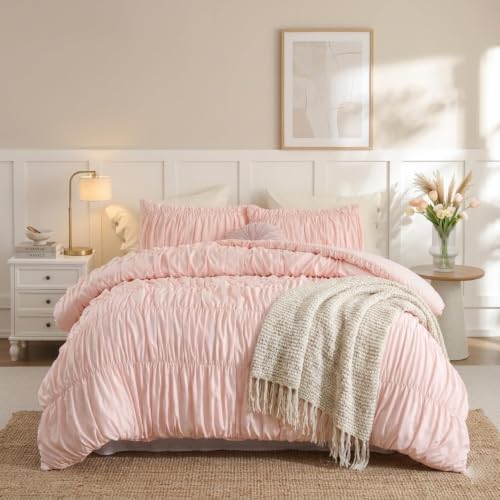 Image of weigelia Ruched Comforter Set Twin Size, 2 Piece Blush Pink Ruffle Bedding Set with 1 Pillowcases, Soft Lightweight Polyester Comforter for Girls Room, Dorm, Boho Bed Set