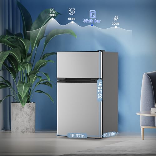 Electactic 3.1 Cu.Ft Mini Fridge with Freezer, 2 Door Compact Refrigerator, Mini Fridge with Adjustable Removable Glass Shelves for Bedroom, Office, Dorm or Apartment, Stainless Steel
